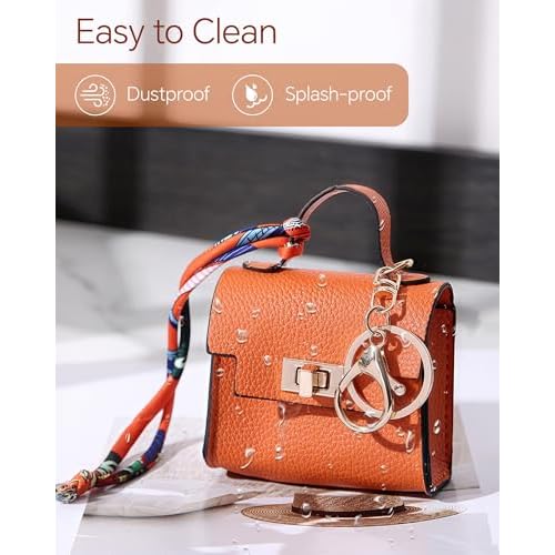 2 pack Mini Purse Keychain PU Leather Tiny Bags Pouches for Purse Pocket Bag Card Holder Data Cable Organizer Pouch Orange White (Orange + White)