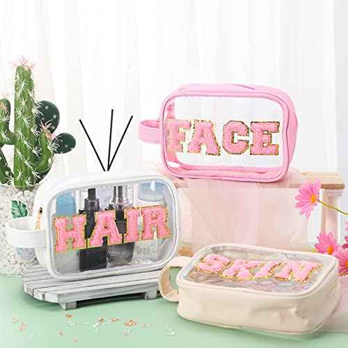 Sotiff 3 Pcs Preppy Patch Makeup Bag Cosmetic Bag Travel Toiletry Bag for Women Chenille Letters Patch Bag with Handle Waterproof Portable Preppy Purse Zipper Pouch for Girls (Colorful,PU)