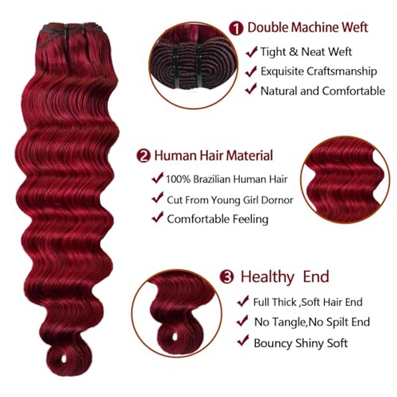 Burgundy Bundles Human Hair with Closure Loose Deep Wave 14 16 18+14inch Raw Quick 99j Red Colored Bundles with 4x4 HD Lace Closure Human Hair