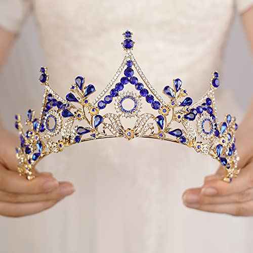 Wekicici Baroque Queen Crown Blue Crystal Tiara Rhinestone Princess Wedding Headband for Women Birthday Pageant Party(Blue)