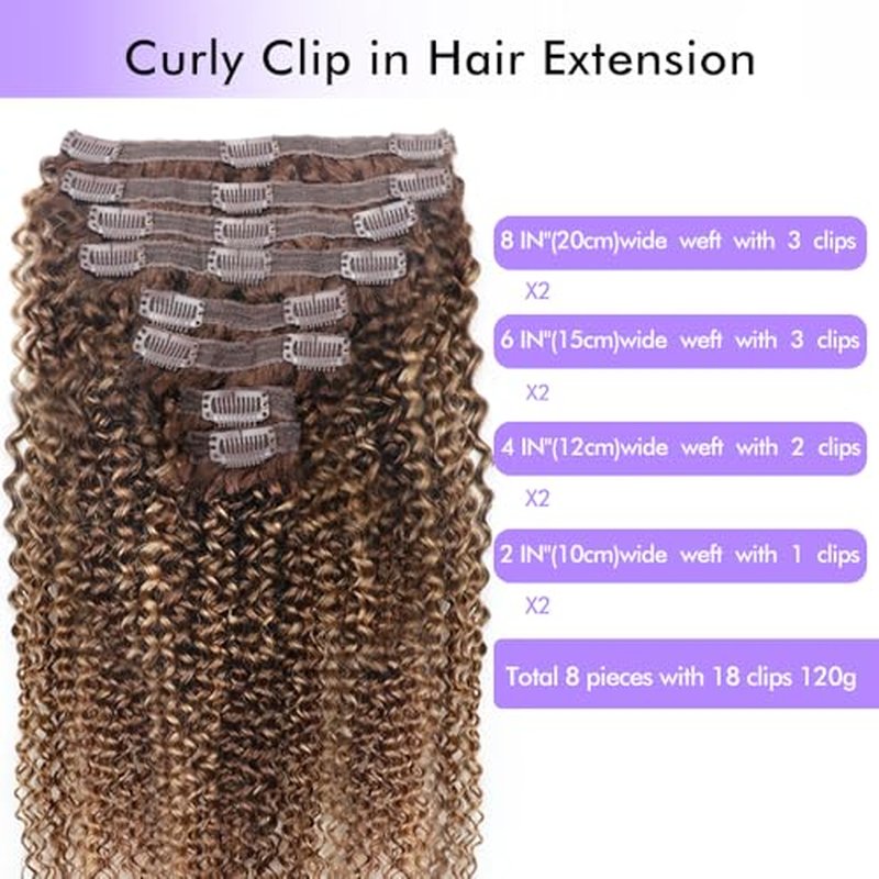 Curly Clip In Hair Extensions Real Human Hair Clip Ins Balayage Chocolate Brown to Caramel Blonde Human Hair Extensions 8Pcs with18clips 120g/Set (24 inch£¬#4/27/4)