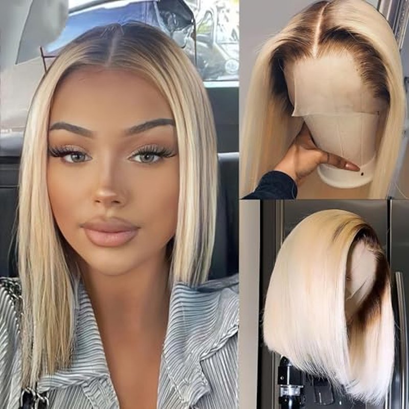 13x4 Ombre Blonde Bob Wig with Dark Roots 613 Brazilian Remy Human Hair Double Drawn Preplucked 200% Density Short Straight Wig UHD Transparent Lace Frontal for Women Summer Party 10"