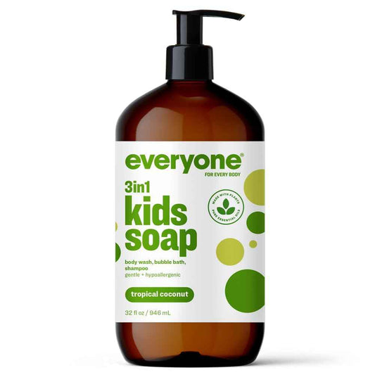 Everyone 3-in-1 Kids Soap, Body Wash, Bubble Bath, Shampoo, 32 Ounce (Pack of 1), Tropical Coconut, made with Essential Oils for Toddlers, tweens and teens
