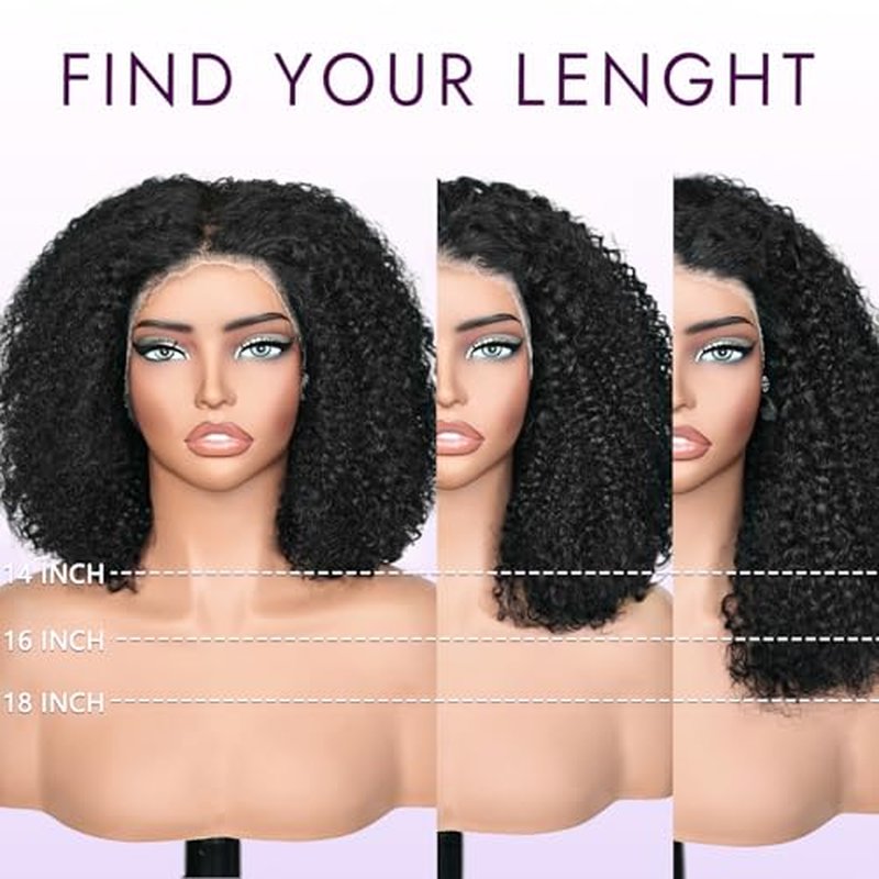 Curly Afro Wig Human Hair, 13x4 Lace Front Kinky Curly Glueless Wigs, 180 Density Pre Plucked Transparent Lace Frontal Brazilian Human Hair Bob Wig for Black Women, 4A/4B Natural Black 16 Inch