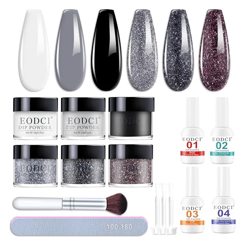 Dip Powder Nail Kit Starter, 6 Colors Glitter Dark Black White Dipping Powder Kit With Base & Top Coat/Activator/Brush Saver, Nail Art Manicure Salon DIY for Daily at Home Party Gifts for Women