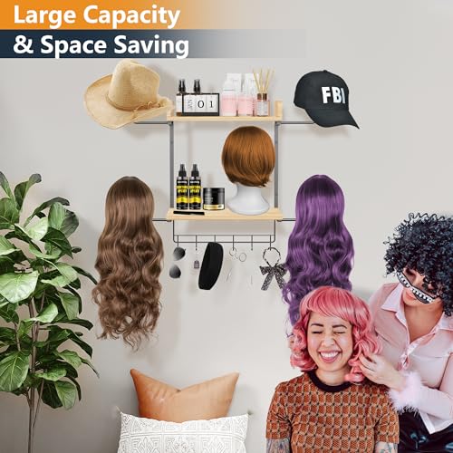 Hanging Wig Organizer with 6 Hooks, Wall Mounted Wig Stand and Wooden Storage Shelf