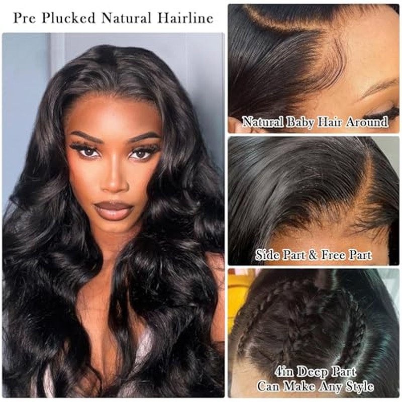13x4 Body Wave Lace Front Wigs Human Hair Pre Plucked with Baby Hair 180% Density 13x4 HD Transparent Lace Front Wigs for Black Women Natural Black Wigs(28inch)