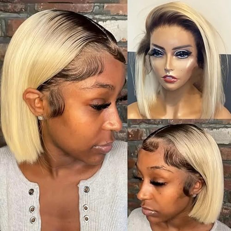 Ombre 613 Blonde Bob Lace Front Wigs Black to Blonde Dark Roots Colored Human Hair Wigs Glueless 13X4 HD Straight Brazilian Virgin Human Hair Wig Lace Wig for Black Women 150% Density (#1B/613)