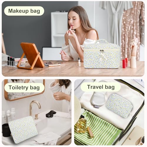 4Pcs Quilted Makeup Bag Set Cute Floral Cosmetic Bag Cotton Coquette Make up Bag Aesthetic Travel Toiletry Bag for Women Girls