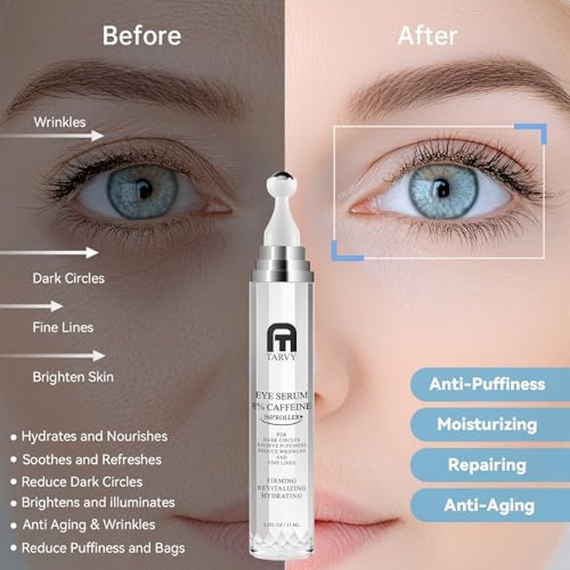 Eye Serum, Under Eye Cream For Dark Circles, 8% Caffeine Eye Serum For Women & Men, Eye Cream Anti Aging With 360¡Æ Massage Ball, Eye Cream For Puffiness And Bags Under Eyes, Eye Serum For Fine Lines