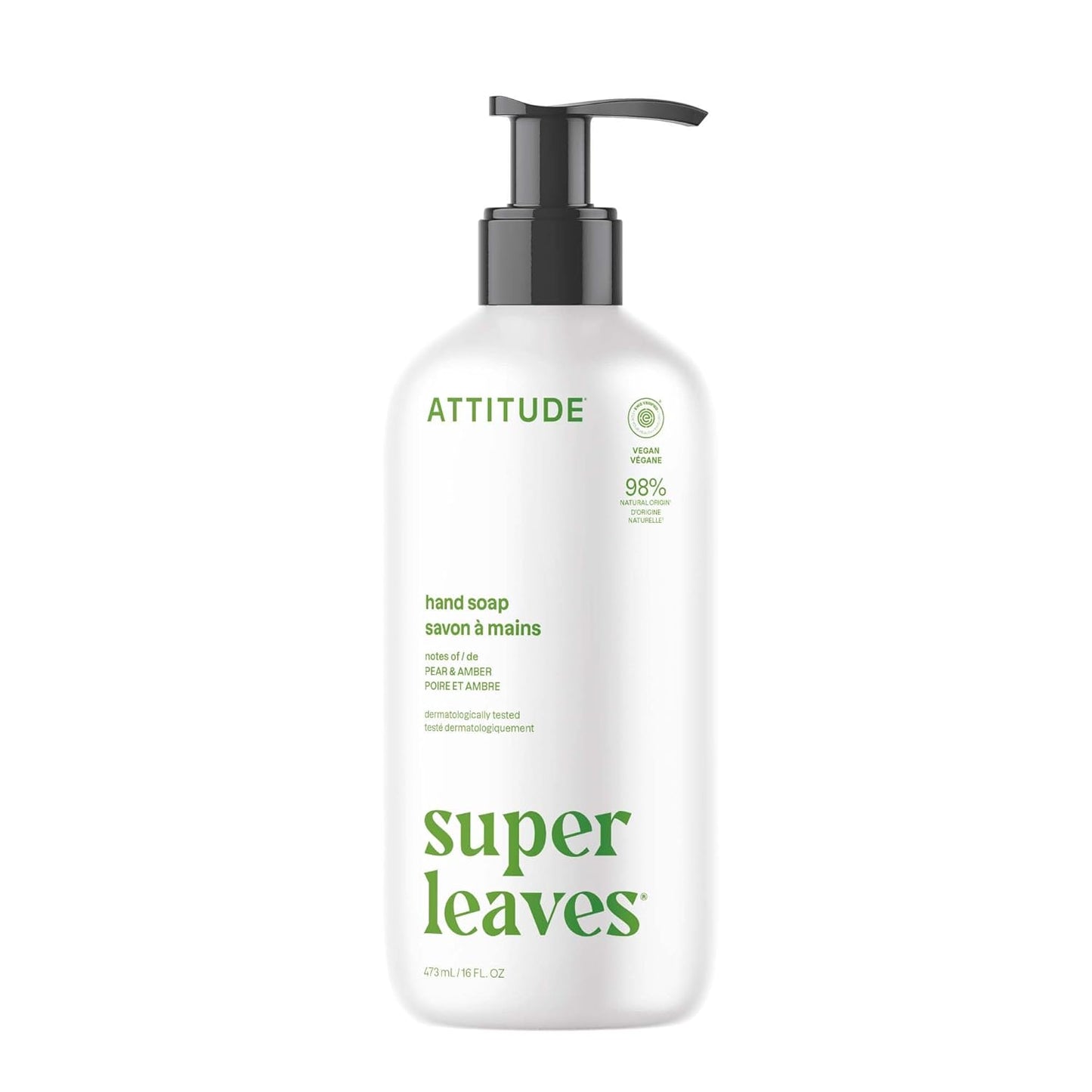 ATTITUDE Liquid Hand Soap - EWG Verified Vegan Formula | Pear & Amber, 16 Fl Oz