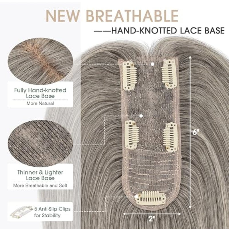S-noilite Hair Toppers for Women Real Human Hair, 100% Real Human Hair Toppers for Women for Thin Hair 2.25"*6" Lace Silk Base 12 inch (Mixed Dark Gray)