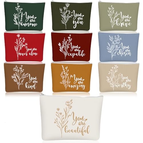 Coume 10 Pcs Boho Flower Canvas Makeup Bags Bulk, Christmas Aesthetic Inspirational Quotes Cosmetic Zipper Encouragement Travel Pouch Toiletry Bag Women Teacher Friend Birthday Gift