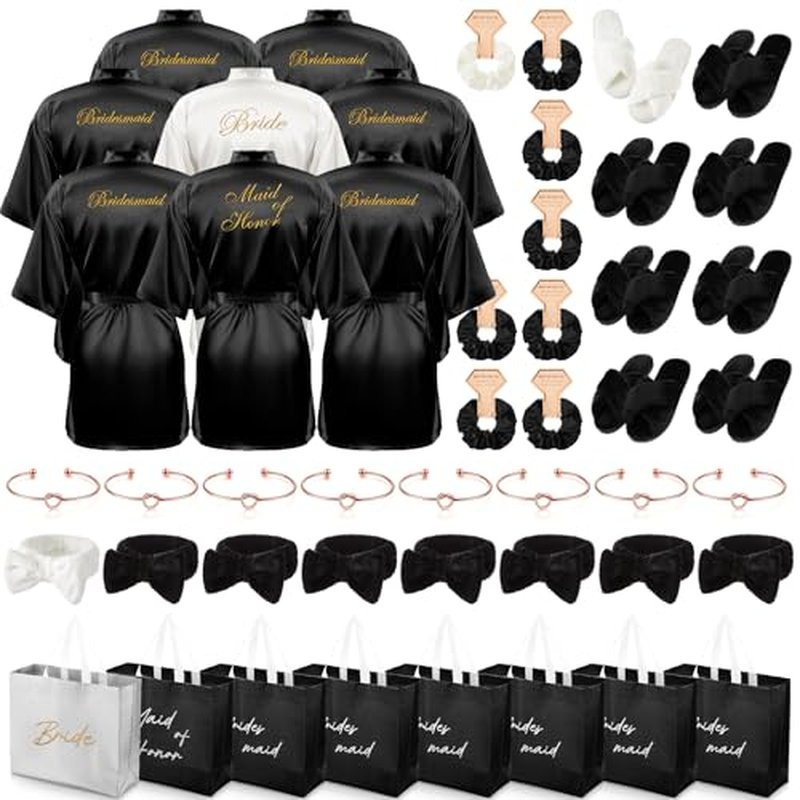 48 Pcs Bridesmaid Bride Robes Set of 8 Bridal Party Silk Satin Robes for Wedding Bachelorette Party Gifts (White,Black)