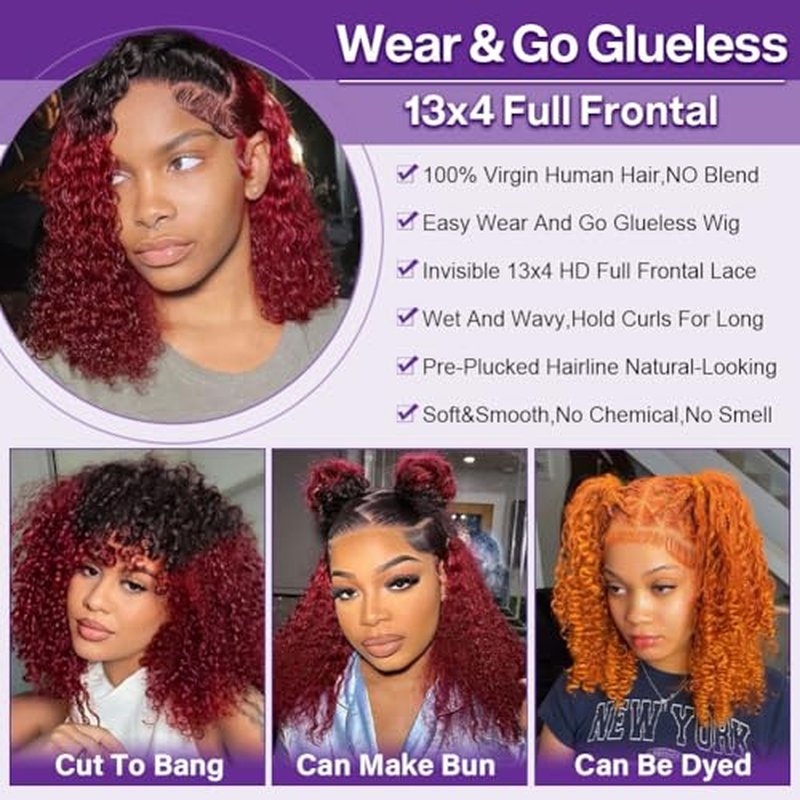Ombre 99J Burgundy BOB Lace Front Wigs Human Hair For Black Women Wear And Go Glueless Wine Red 13x4 HD Short Deep Wave Curly Frontal BOB Wigs Human Hair Pre Plucked 1B/99J 16 Inch