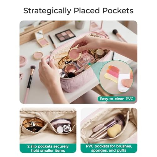 BAGSMART Makeup Bag Travel Toiletry Bag, Puffy Padded Make Up Bags for Women Makeup Organizer Case, Wide-open Pouch Purse Travel Essentials Toiletries Accessories Brushes, Pink