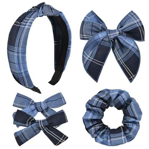 DEEKA School Uniform Plaid Hair Bows & Knotted Plaid Headband & Scrunchies Fable Hair Bow Set Alligator Clips for Toddler Girls Hair Accessories for Little School Girls (Navy Blue)