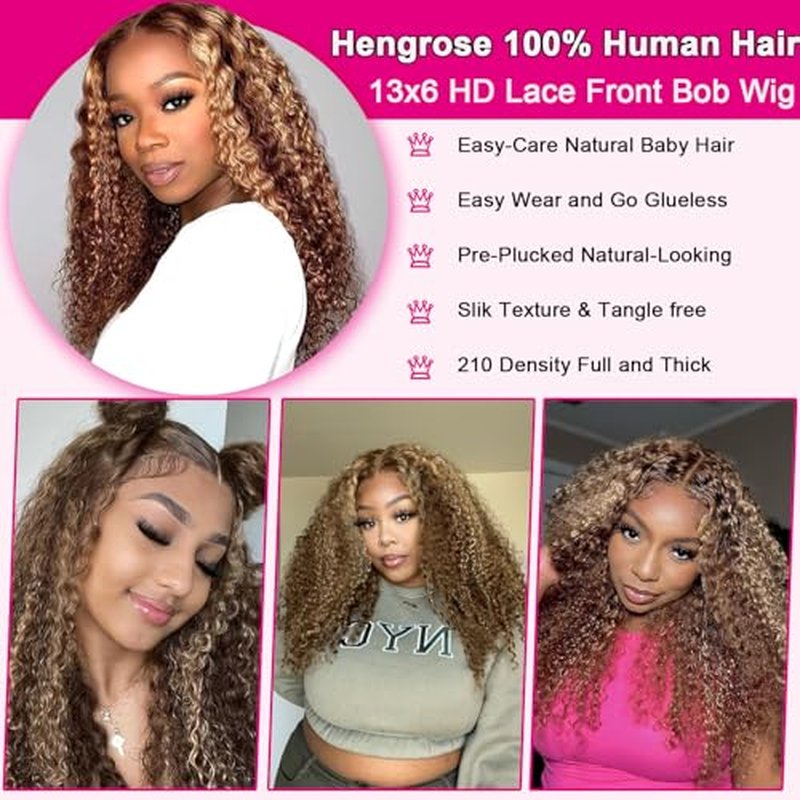 Bob Wig Human Hair 13x6 Deep Wave Hd Lace Front Wigs Human Hair Glueless 210 Density P4/27 Ombre Highlight Wig Pre Plucked With Baby Hair Short Bob Wigs For Black Women 16 Inch