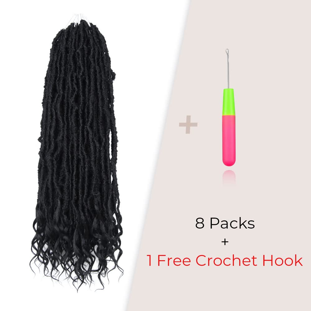 Niseyo Wild Locs 24 Inch Distressed New Faux Locs with Curly Ends 8 Packs Long Soft Pre-looped Goddess Crochet Hair (2#, Off Black)
