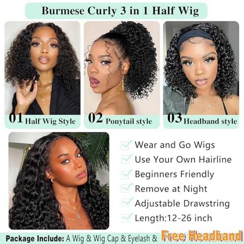Burmese Curly Half Wigs Human Hair 3 In 1 Seamless Flip Over Half Wigs With Drawstring for Women Glueless Wig Human Hair with Spiral End,Water Wave Headband Wig,Beginner Friendly,200% Density (18inch)