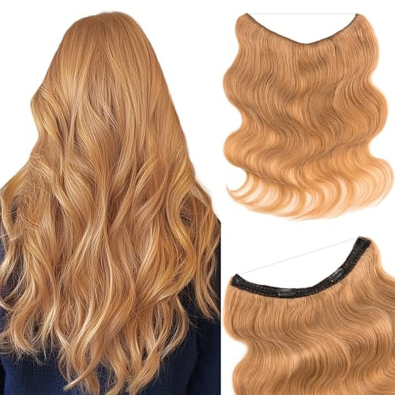 Benehair Halo Hair Extensions Real Human Hair, Blonde Wavy Halo Extensions, 18inch Dark Blonde 65g