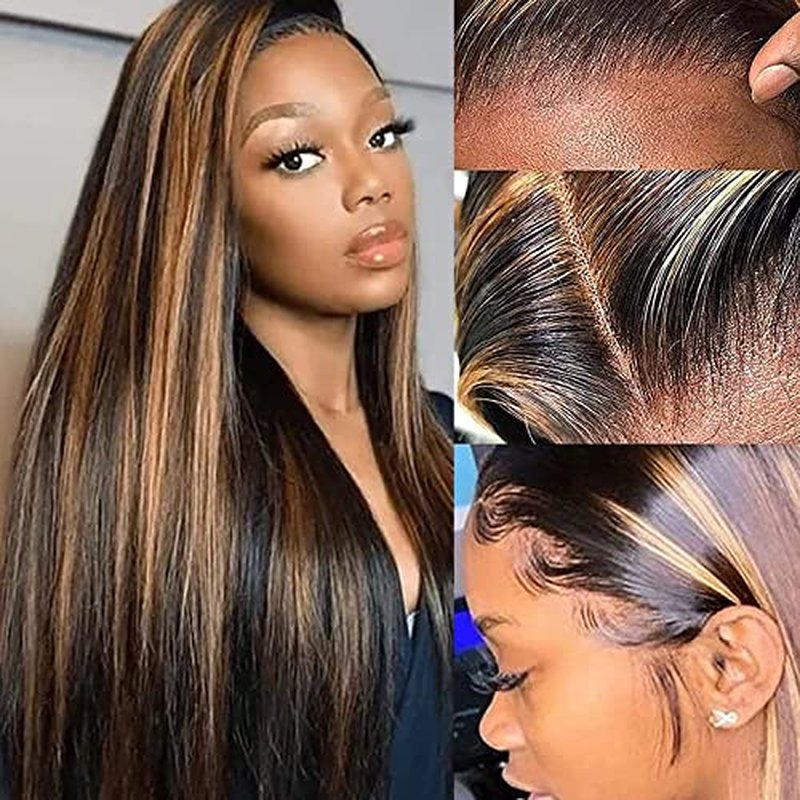 Haha Brown Highlight Human Hair Bundles With Closure Straight Ombre Bundles With Closure Colored Balayage 10A Remy Virgin Hair Weave 3 Bundles With 4x4 Lace Closure Free Part 12 12 12+10 Inch #FB30