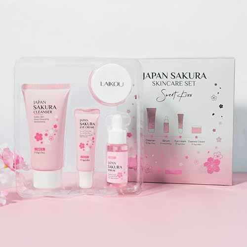 Skin Care Set JAPAN SAKURA Beauty Gift Sets Skin Care Kit with Cleanser, Serum, Eye Cream, Face Cream Travel Kit for Women Mom Wife Teen Girls Gentle Skin Cleaning TSA-friendly Sizes 4pcs