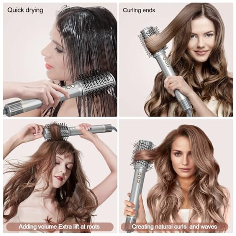 5-in-1 Blow Dryer Brush Set - 110,000 RPM High Speed Hair Dryer & Airbrush Hair Multi Styler - No Heat Damage Auto Wrap Air Curler - Magic Hot Air Styler for at Home Styling Women Gray