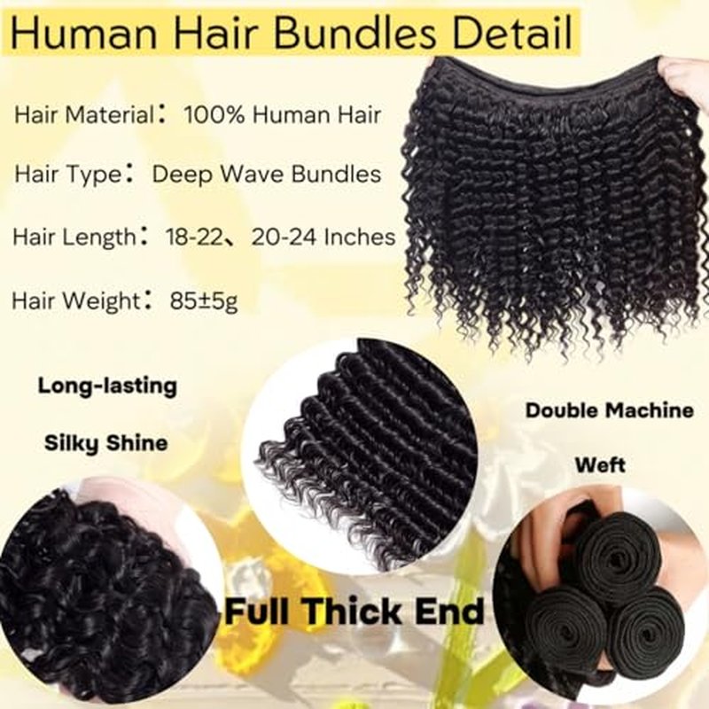 Human Hair Bundles 18 20 22 Inch Deep Wave Bundle 12A Brazilian 100% Unprocessed Virgin Human Hair 3 Bundles Deep Curly Wet and Wavy Human Hair Quick Weave Extensions for Women Natural Black