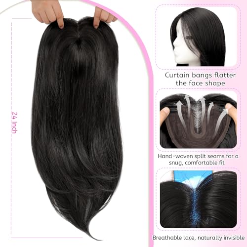 Isaic Hair Toppers for Women with Thinning Hair, 24 Inch Synthetic Clip In Crown Topper Hair Extensions with Adjustable Bandage, Layered Wiglet Adds Volume and Natural Coverage (Dark Brown)