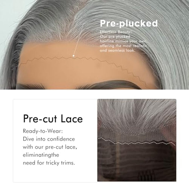 Grey 13x4 Bob Straight Lace Front Wigs Human Hair 180 Density UHD Transparent Lace Front Wigs Human Hair Pre Plucked Pre Cut Lace Glueless Wig Virgin Colored HumanHair Wigs For Women 10Inch