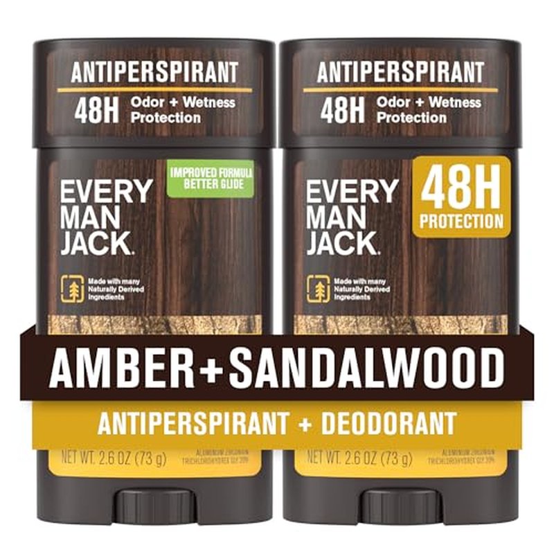 Every Man Jack Men¡¯s Amber + Sandalwood Antiperspirant Deodorant ? New & Improved Formula ? Smooth Glide, 48-Hour Odor & Sweat Defense? 2.6 oz (2 Pack)