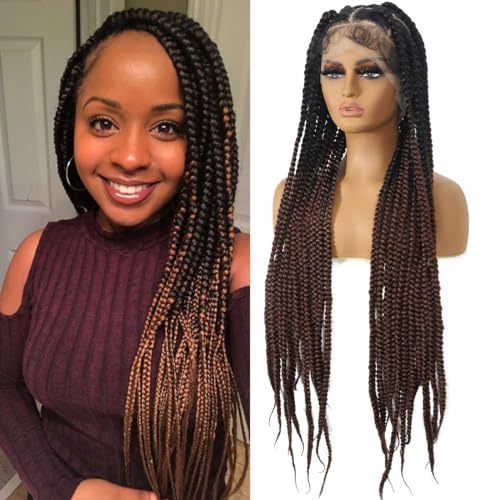 Kintama 360 Full Lace Jumbo Braided Wigs for Black Women 32inch Knotless Braiding Box Braids Wigs No Cornrow Long Jumbo Box Braided Wig With Baby Hair (T30, 32inch)