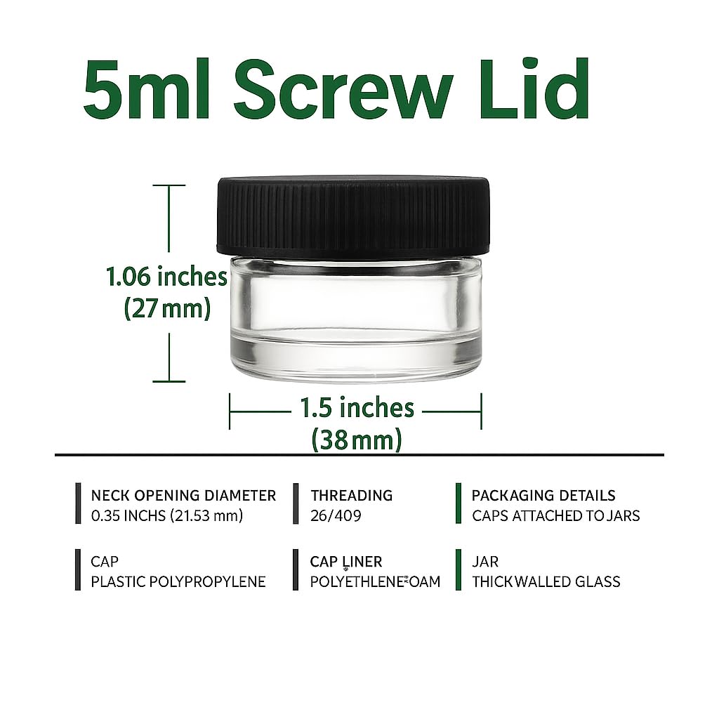 100 Pack 5ml Jar Screw Lid Black - Small Glass Cosmetic Packaging Container for Cream, Wax, and Balms
