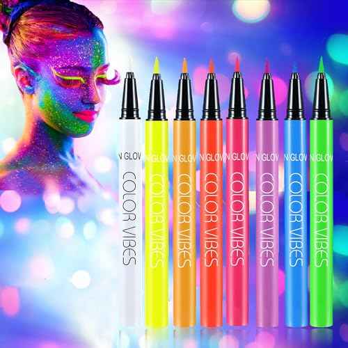 CCbeauty 8 Colors Neon Liquid Face Paint Makeup, Sweatproof, Smudgeproof, Waterproof UV Eye Liner Set, Glow Face Painting Kit for Adults Artist Halloween Christmas Birthday Party