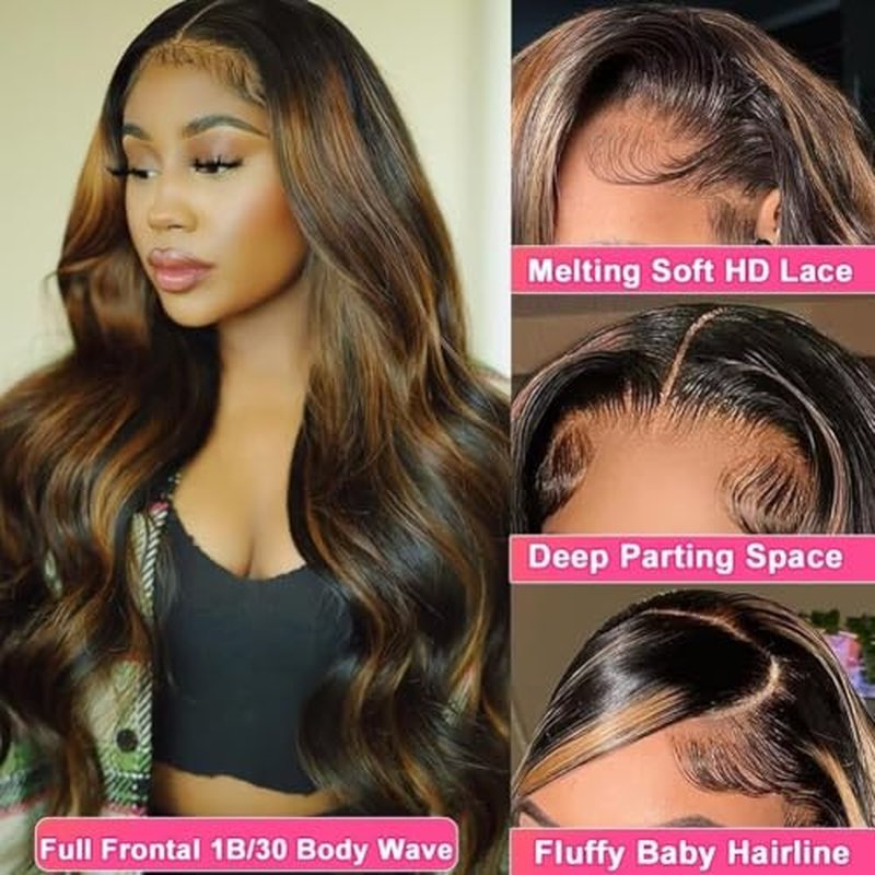 Ombre Highlight Lace Front Wigs Human Hair 13x6 Body Wave 1B/30 Lace Front Wig 180% Density HD Transparent Lace Frontal Wigs Human Hair Balayage Wig for Black Women 18 inch