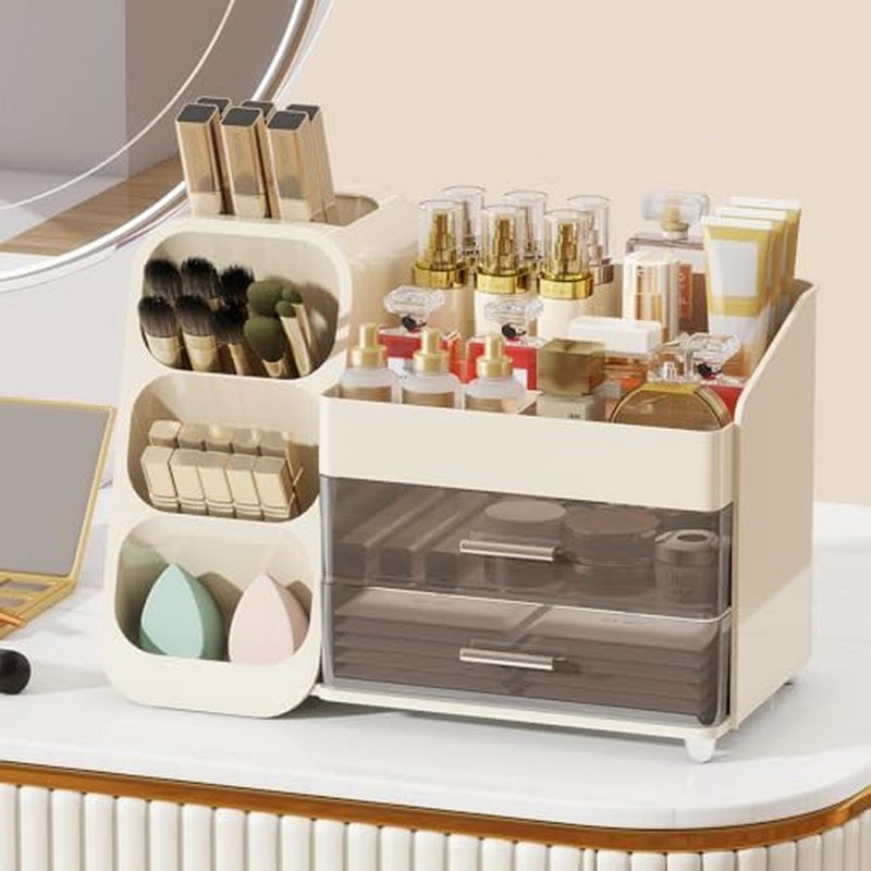 Makeup Organizer for Vanity,Vanity Organizer with Drawers and Brush Holder,Bathroom Make Up Organizer Countertop,Large Cosmetic Organizer for Skincare, Perfume,Lipsticks,Nail Polish (Cream)
