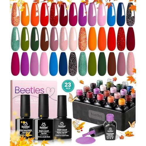 Beetles Fall Gel Nail Polish Set - Fall Yard Gel Polish Kit, 20 Color Orange Burgundy Red Navy Blue Glitter, Soak Off LED UV with Base Top Coat Nail Art Manicure Gift for Women