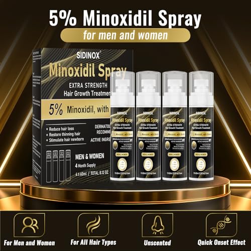 5% Minoxidil Spray for Men & Women (4 Month Supply)-Extra Strength Hair Growth Spray with Biotin & Castor Oil,Clinically Proven for Thinning Hair & Beard Regrowth, Non-Greasy Formula 4 pack£¨8.12 oz)