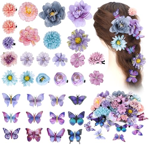 33 Pieces Flower Clip with Butterfly Clip Set Handmade Rose Hair pins Bride Hair Claw Clips Colorful Butterfly Barrettes for Women Girls(Blue Purple)