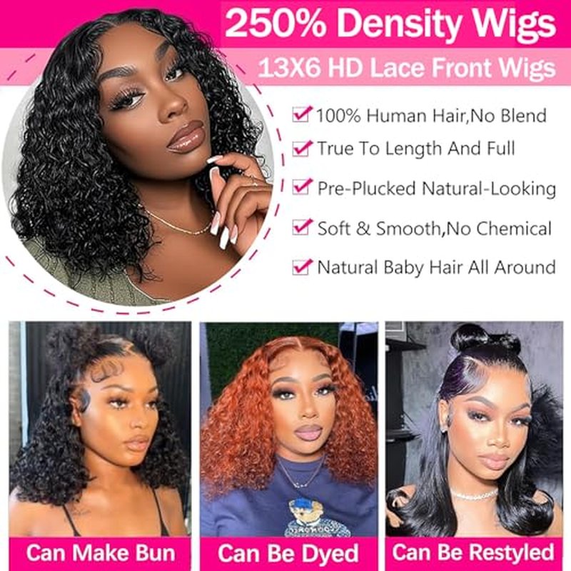 Bob Wig Human Hair 13x6 Deep Wave HD Lace Front Wigs Human Hair 250% Density Bob Curly Lace Frontal Wigs Brazilian Virgin Human Hair Wigs Pre Plucked with Baby Hair (Natural Color,14Inch)