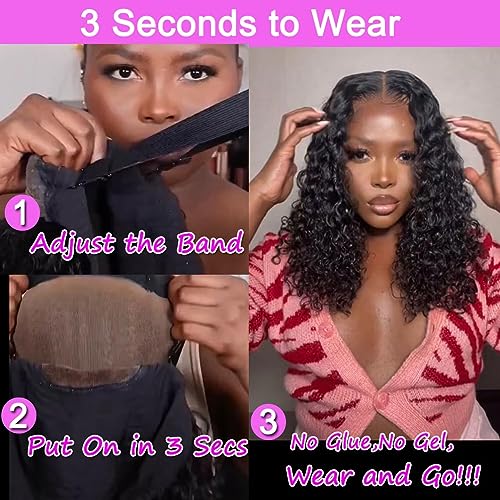 Wear and Go Glueless Wigs Human Hair Pre Plucked Pre Cut Lace Front Wigs for Black Women 180 Density Water Wave Bob Wig Human Hair Curly Wig (14 Inch)