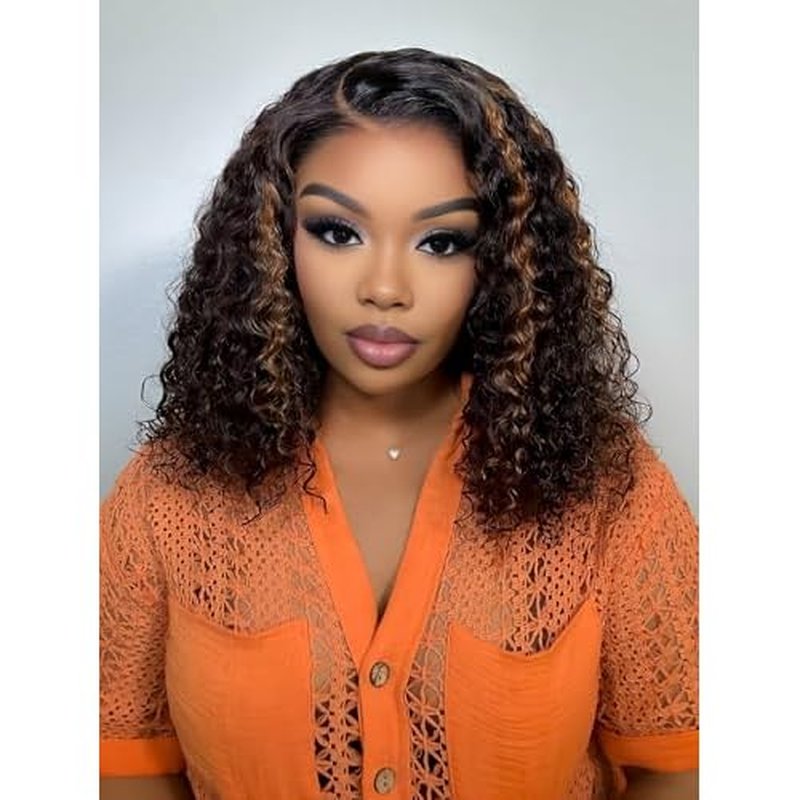 ISEE Hair Highlight Glueless Bob Wigs Human Hair Pre Plucked Pre Cut 2/30 Honey Blonde Curly Human Hair Wig for Black Women Ombre Water Wave 5x7 HD Lace Closure Wigs with Elastic Band 12 Inch