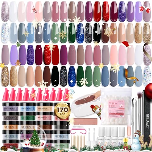 AZUREBEAUTY 170Pcs Dip Powder Nail Kit, 36 Colors Fall Winter Red Glitter Brown Dipping Powder Starter Christmas with Top/Base Coat Activator & Removal Accessories Set for French Manicure Salon