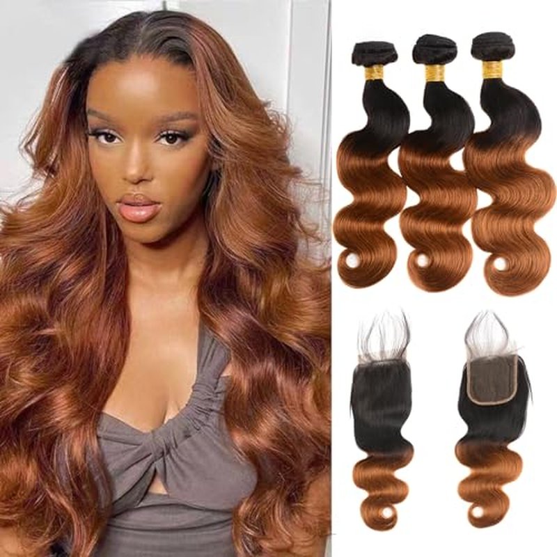 Ombre Human Hair Bundles with Closure Body Wave 3 Bundles 1B/30 Brazilian Virgin Human Hair Two-tone Dark Root with 4x4 Lace Closure(T1B/30, 16 18 20 +14)