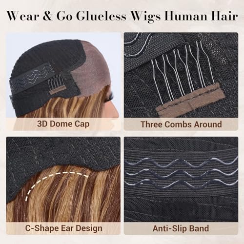 LuAiJa Ombre Brown Loose Wave Glueless Wigs Human Hair 9x6 Highlight Deep Wave Wear and Go Glueless Wigs Human Hair Pre Plucked Pre Cut 16 inch Blonde and Brown Lace Front Wig 200% Density