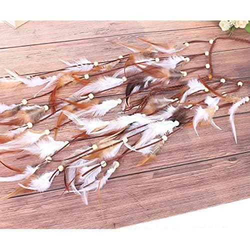 Jumwrit Bohemian Feather Headband Indian Gypsy Headpiece with White and Brown Feather Tassel Adjustable Braided Rope Beaded Hairband Hippie Accessories for Women and Girls