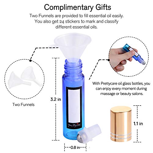 PrettyCare 60 Pack, 10 ml Essential Oil Roller Bottles with Stainless Steel Roller Ball - Bulk Refillable Leak-proof Empty Thick Rainbow Glass Roll on Bottles with Metal Caps for Travel, Perfume