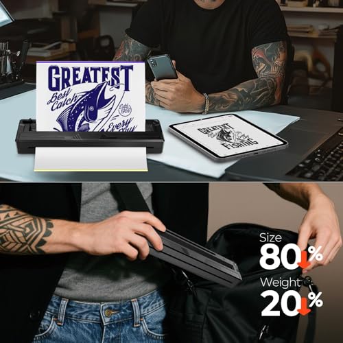 New Tattoo Stencil Printer - Wireless Bluetooth Thermal Kit with 10 Transfer Papers, Fits Custom-Size A4-A8 Width Thermal Paper, Works for Phones/Tablets/PC/Mac, for Artists & Beginners (Black)