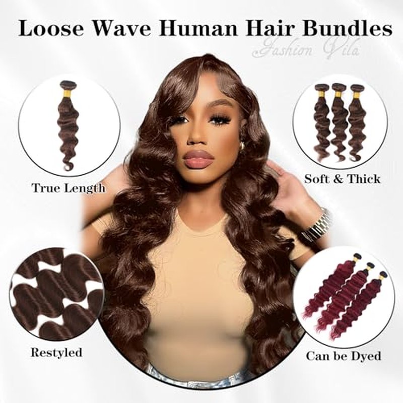 Brown Bundles Human Hair Loose Wave Human Hair 3 Bundles (#4, 16 18 20) 12A 100% Unprocessed Brazilian Virgin Hair Loose Deep Wave Remy Human Hair Extension 4# Color